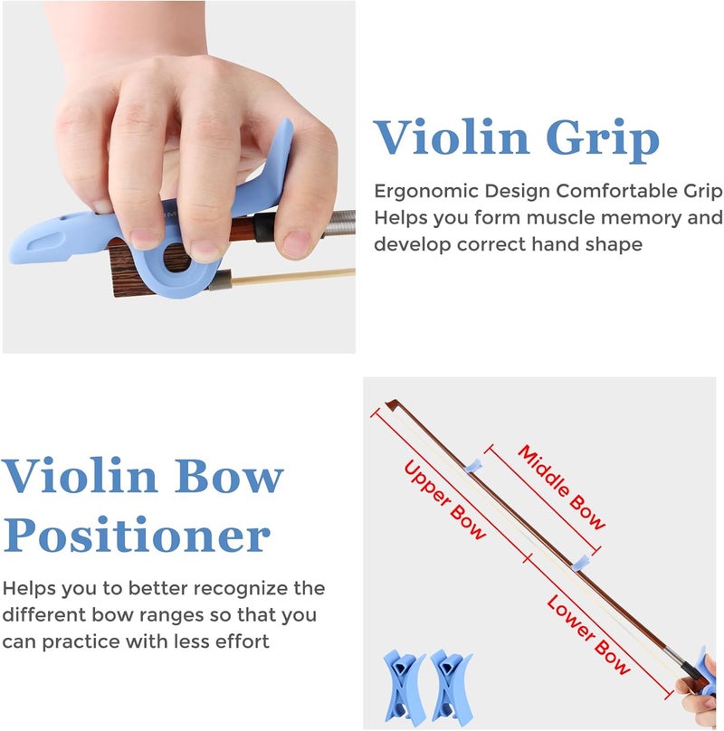RANMING Violin Bow Holder for Practice–2Pcs Silicone Hand Position Corrector Non-Slip Teaching Tool for Beginners Students Improve Bow Grip & Posture Violin Teaching Aid With 4 Bow Stopper Blue - Image 3